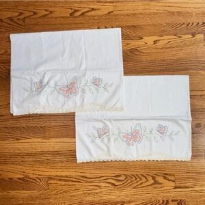 Vintage hand embroidered pillowcases set of 2 butterfly and flowers
